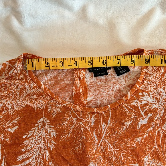 Women’s Tahari Cap Sleeve Linen Top Orange Floral Print Size M Button Back - Picture 6 of 10